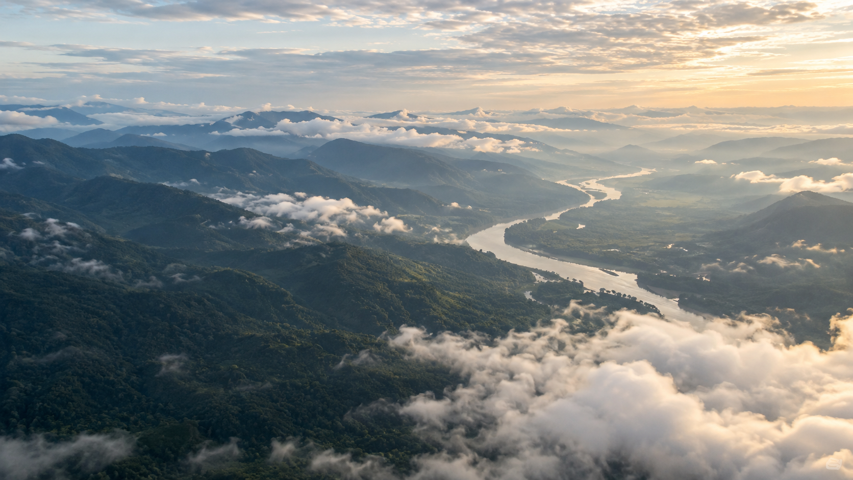A winding river through forested mountains beneath soft clouds
