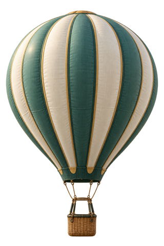A teal and cream hot air balloon drifting above the coast