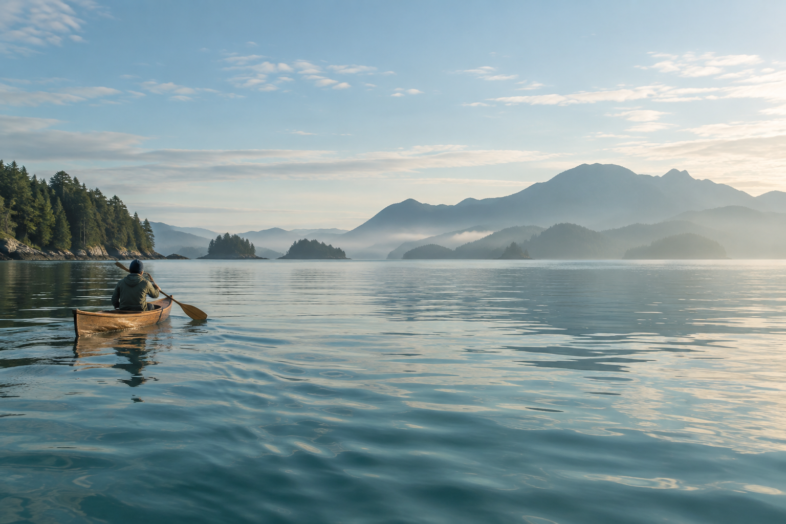 A person paddling across calm water toward misty mountains